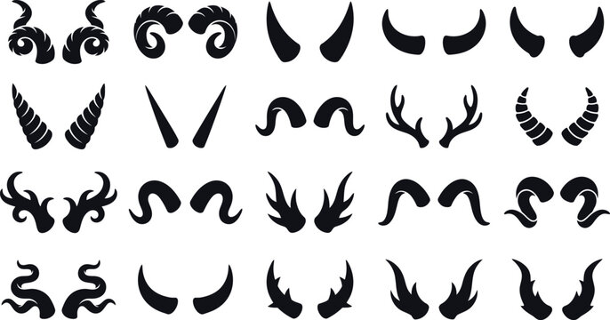 Large set of various devil and monster horn silhouettes.
