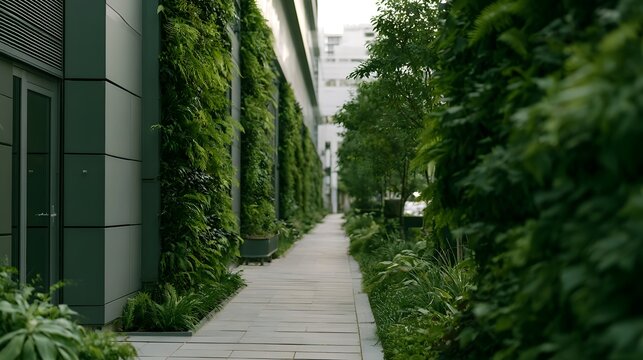 A serene walkway flanked by lush green vertical gardens and modern architecture under soft natural lighting