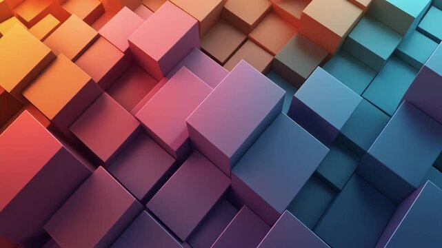 Abstract geometric cubes pattern motion background in gradient orange pink blue colors