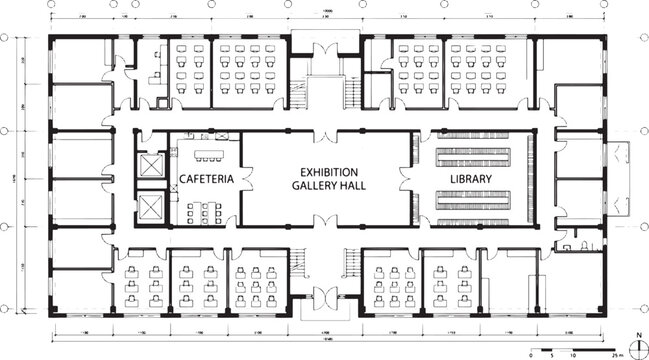 Architectural floor plan of a modern educational building featuring classrooms library cafeteria and central exhibition gallery hall