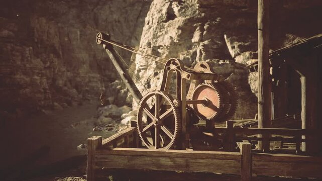 Goldenhour crane and wheel perched on wooden platform overlooking rocky gulch, frayed rope and sturdy timber beams catch long shadows, warm cinematic tones