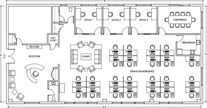 Corporate office floor plan layout with reception lounge private offices and open workspace technical architectural drawing