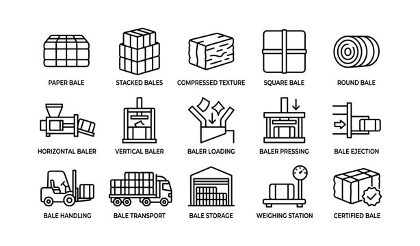 Bale handling and baler process icons on white background