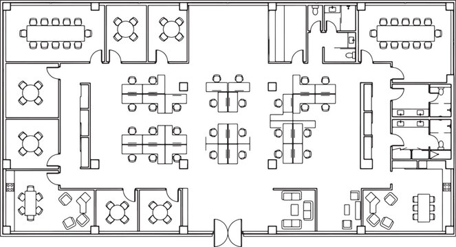 Modern office floor plan layout with open workspace cubicles meeting rooms and reception area technical line drawing