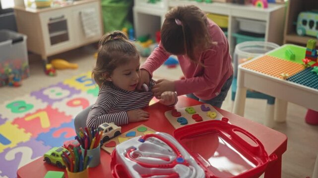 Girl pretends checkup, holds toy stethoscope to friend's chest at a small table with medical kit and toy cars in building; friendship happy.