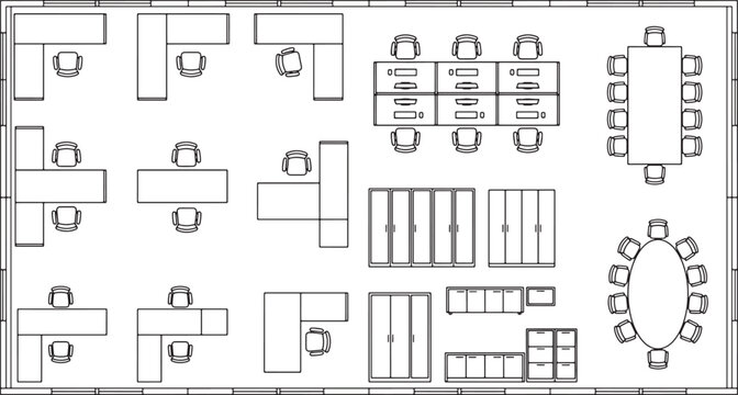 Office floor plan layout with desks and meeting tables in a top down architectural vector drawing