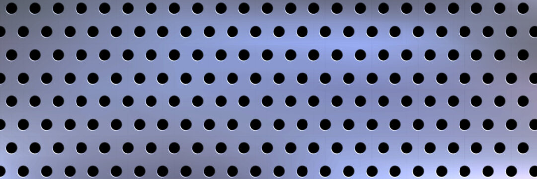 Light steel blue punched metal plate with uniform circular apertures in straight aligned rows, brushed aluminum industrial grill seamless texture