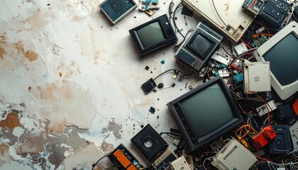 Fototapeta premium Discarded Electronics and Old Monitors in a Scrap Heap.
