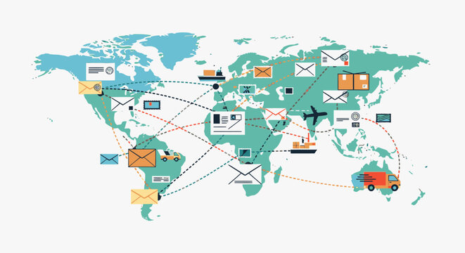 Global connections map with various communication icons and lines across continents showing international relationships
