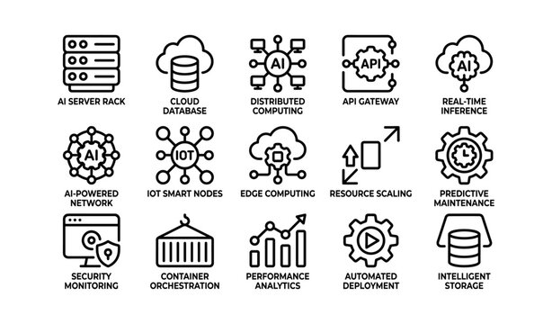 Technology icons showing ai and cloud infrastructure on white