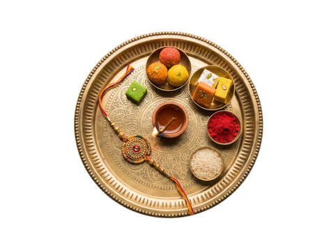 Traditional brass thali with rakhi and sweets isolated on transparent