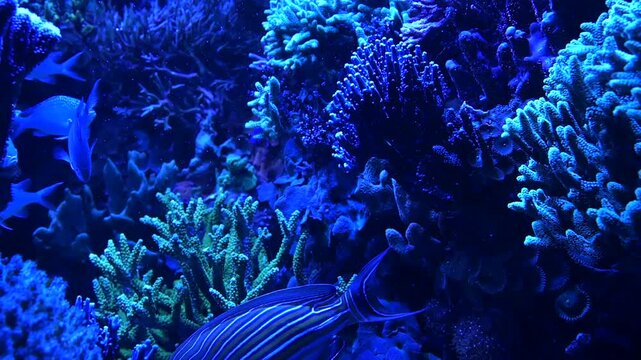 Vibrant blue tang fish, also known as a regal surgeonfish, swimming gracefully through a detailed saltwater aquarium filled with colorful corals. Slow motion underwater HD footage