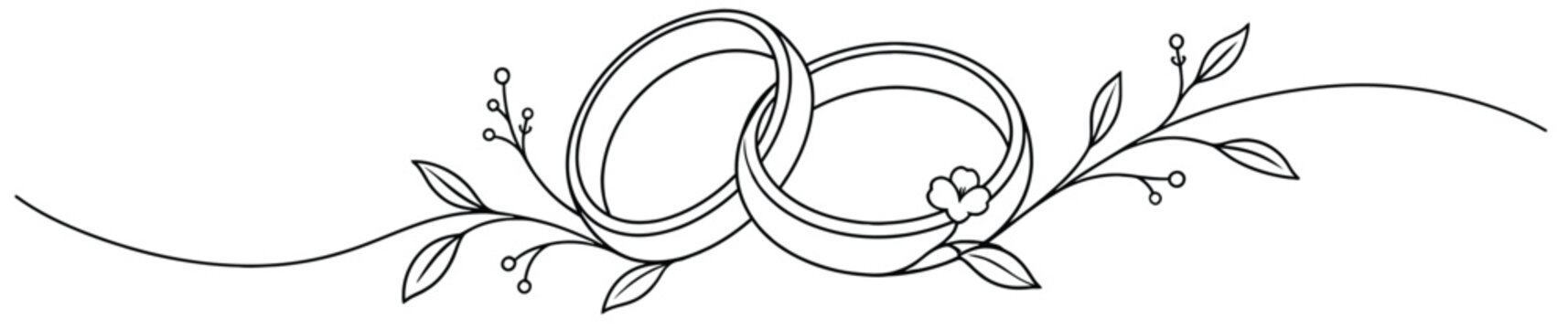 Continuous line art illustration of two interlocking wedding rings with floral branches and berries in a minimalist black and white style