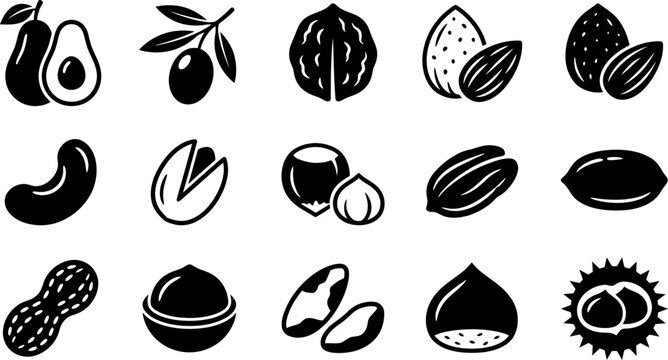 Collection of various nuts and healthy fat food icons.