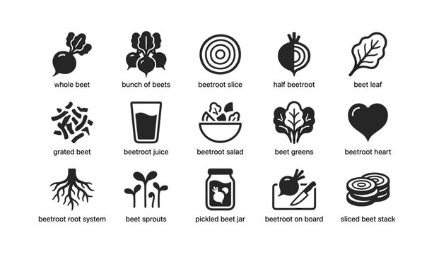 Beetroot icons showing slices greens & salad on white background