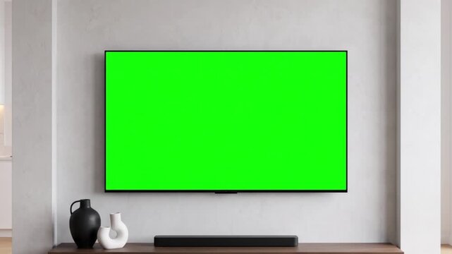 low Zoom-In on Large Smart TV with Chroma Key Green Screen in Modern Penthouse Apartment with City View, Full HD Stock Footage