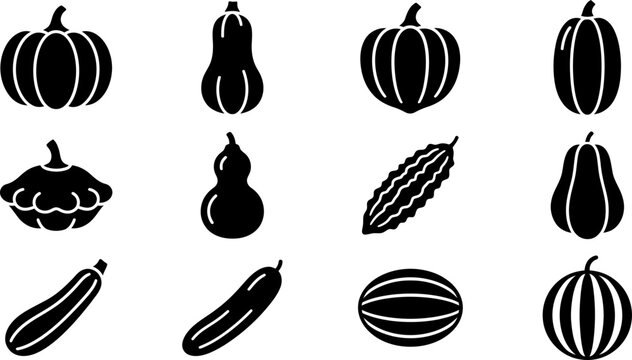Set of black and white pumpkin and squash vegetable icons.