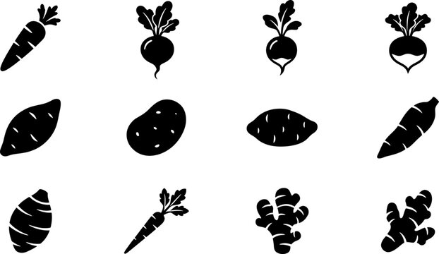 Set of hand drawn root vegetables icons in black silhouette style.