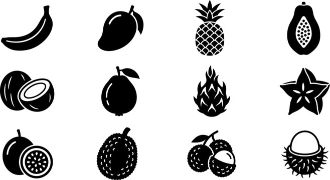 Set of exotic tropical fruit icons in flat black silhouette style.