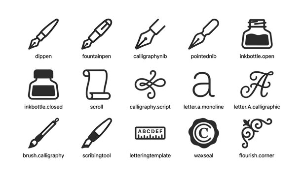 Calligraphy and lettering icons arranged in grid on white background