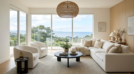 Fototapeta premium Modern living room with ocean view and stylish pendant lighting