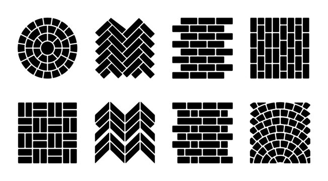 Paving Patterns Vector Icons: Circular, Herringbone, Brick, Cobblestone Designs