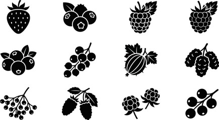 Collection of various berry fruit icons in black and white style. © Dhea