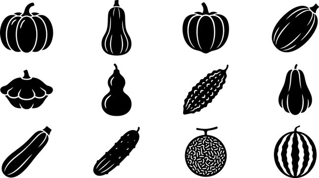 Set of black silhouette icons representing various gourds and melons.