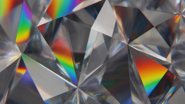 Close up macro shot of diamond facets refracting rainbow light abstract motion background