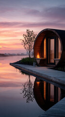Fototapeta premium Barrel sauna floating on a gentle lake at blue hour, offering tranquil wellness and mindful relaxation, reflecting its warm glowing interior over the calm water