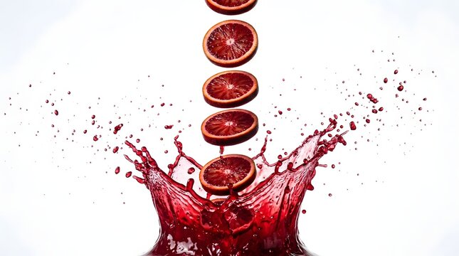 Fresh blood orange slices falling into a splash of red juice isolated on white background