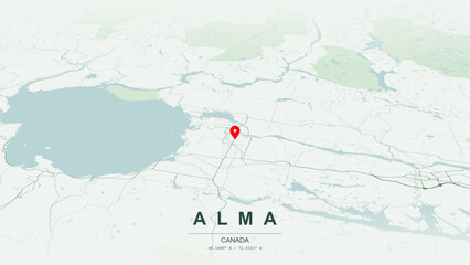 Modern minimalist vector map of Alma, Quebec. High-quality scalable illustration of Alma geographic boundaries, Lac Saint-Jean and Saguenay River shoreline networks for posters design. © AliRza