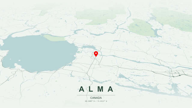 Modern minimalist vector map of Alma, Quebec. High-quality scalable illustration of Alma geographic boundaries, Lac Saint-Jean and Saguenay River shoreline networks for posters design.