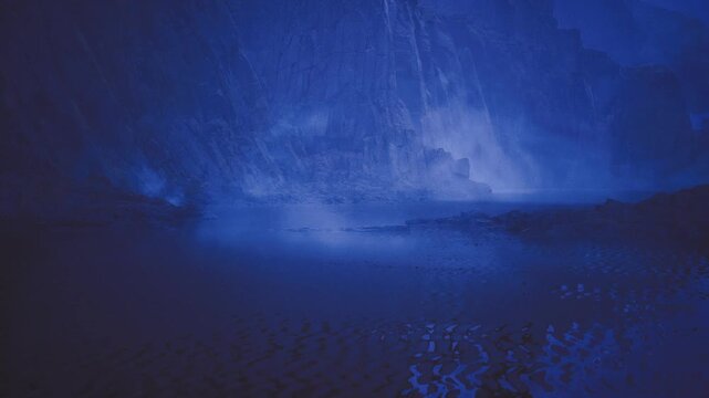 Luminous gap in foggy coastal range, faint light breaks through mist over placid water, contrast between shadowed cliffs and soft glow creates cinematic focal