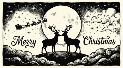 Detailed merry christmas greeting card with reindeer and santa sleigh vector © PIXAVIVE