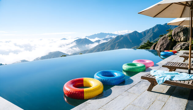 Luxury Infinity Pool Above the Clouds with Colorful Inflatable Rings and Mountain Panorama