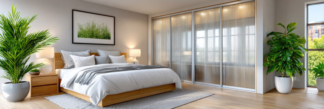 Contemporary bedroom showcasing a cozy bed and wooden furniture. Complemented by lush potted plants. Diffuse natural light