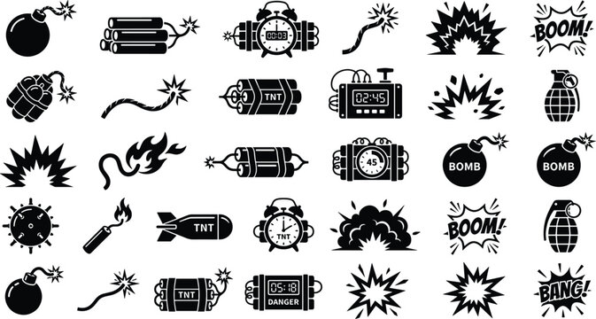 Explosive and Bomb Weapon Vector Icon Set with TNT Dynamite, Time Bombs, Grenades, Comic Explocions, and Detonation Fuses for Video Game Interface Designs