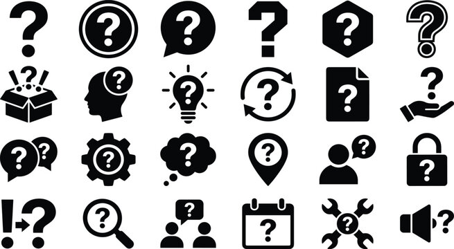 Help Support and Frequently Asked Questions Glyph Icon Set with Question Marks, Customer Assistance Guide, and Technical Troubleshooting Symbols for Web Designs
