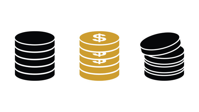 Three stacks of coins in black and gold on white background