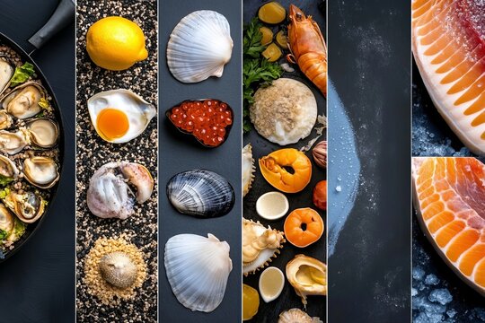 Collage of Delicious Food featuring Variety of Fresh Seafood Scallops Shellfish Salmos and Shrimp