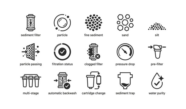 Filtration and sediment icons arranged in grid on white background