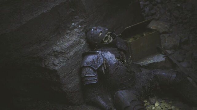 Armored torso slumped beside coin heap, plates warped and pauldron dented, coin glint warming scene, oilsheen on metal, intimate closeup, ancient treasure