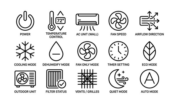 Air conditioning control icons arranged in grid on white background