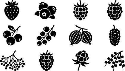 Set of various black and white berry icons. © Yasmine 