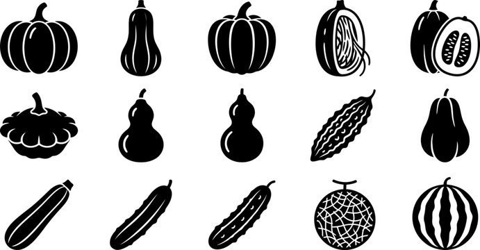 Collection of various pumpkins gourds melons and cucumbers silhouette icons.