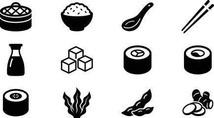 Set of minimalist black icons representing Japanese sushi and food ingredients. © Yasmine 