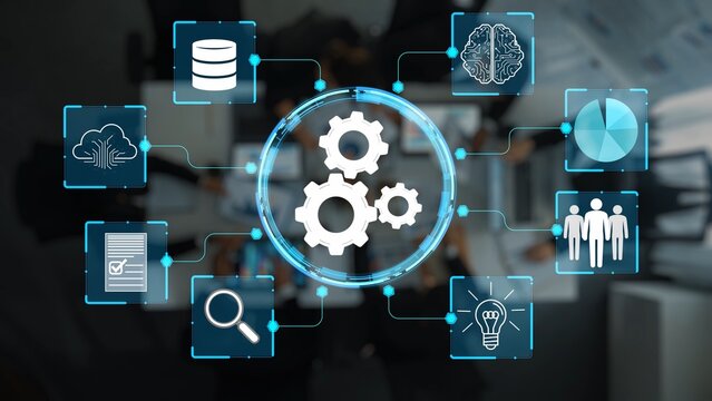 Illustration of Digital Workflow Process with Gears and Icons Representing Data Management, Brainstorming, Collaboration, and Analysis in a Business Environment. Entropy.