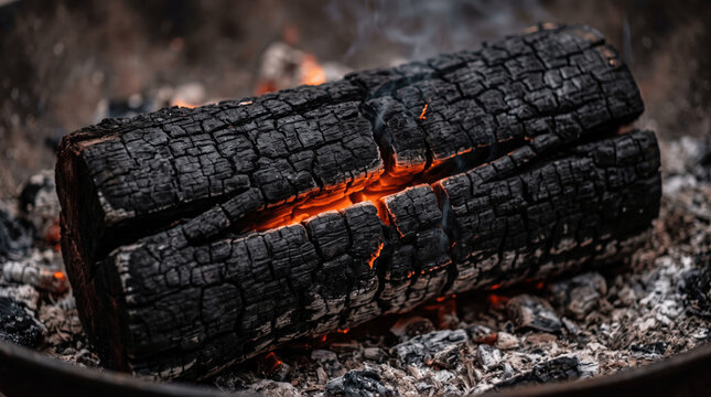 A log burns slowly in a fire pit while glowing embers shine brightly