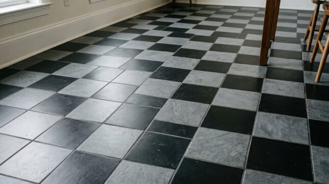 Checkerboard floor pattern in modern interior with glossy black and gray tiles